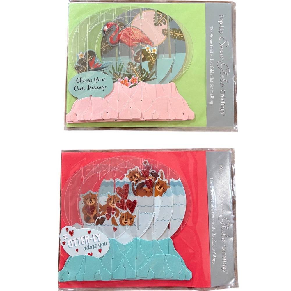 2 Pop-Up Snow Globe‎ Greetings Card Stationery Note Cards Otter Flamingo Love